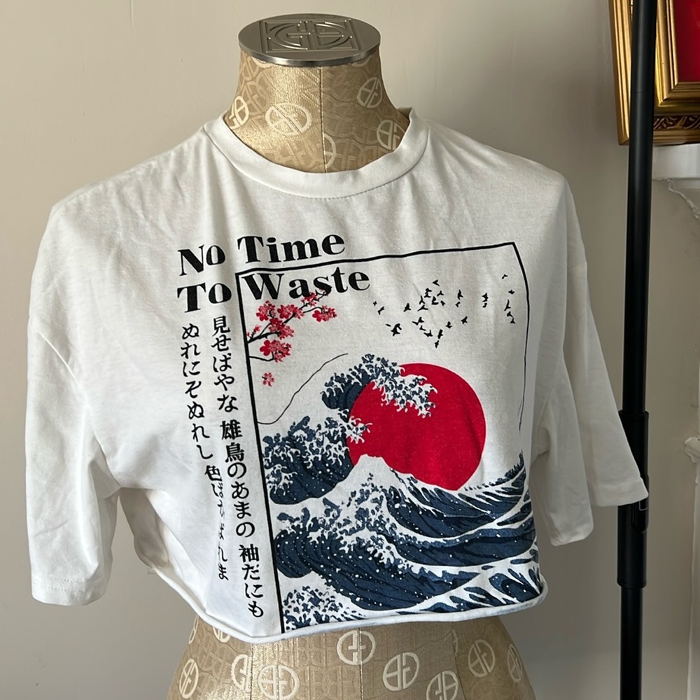 EUC Shein “No Time To Waste Wave” Graphic Drop Shoulder Crop Tee